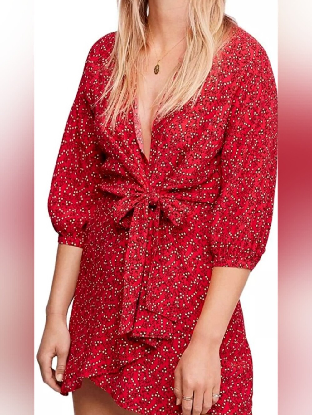 Free People Red Floral Tie-Waist Wrap Blouse